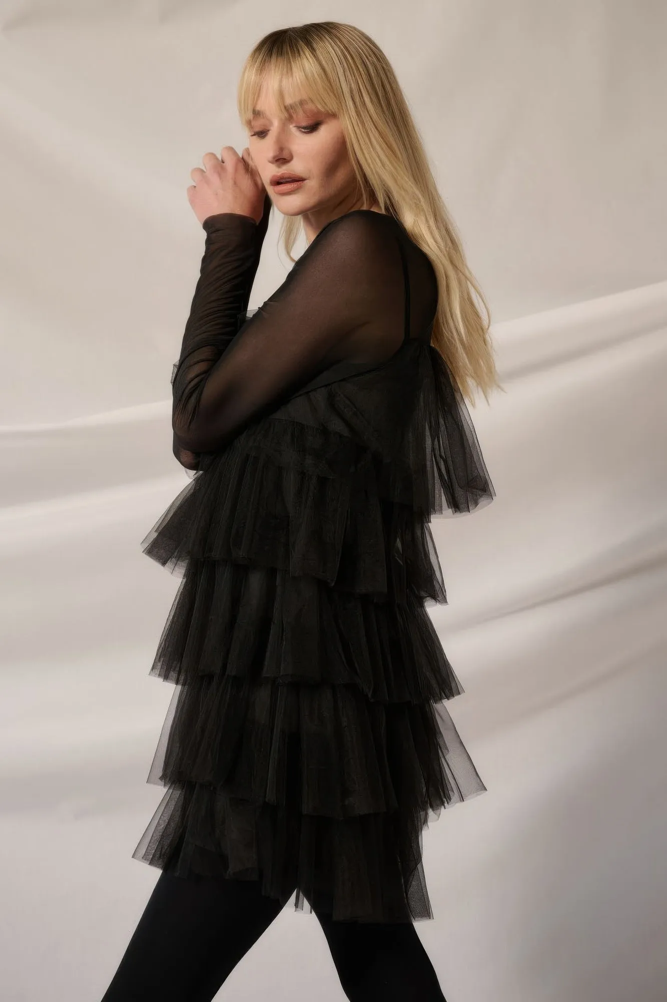 Hot Girl After Dark Mesh Tulle Long Sleeve Romper In Black