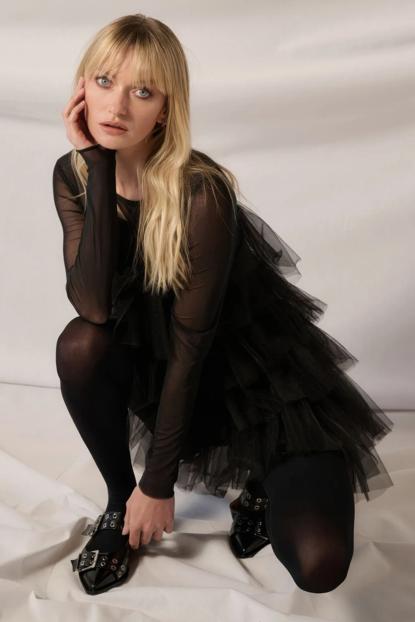 Hot Girl After Dark Mesh Tulle Long Sleeve Romper In Black