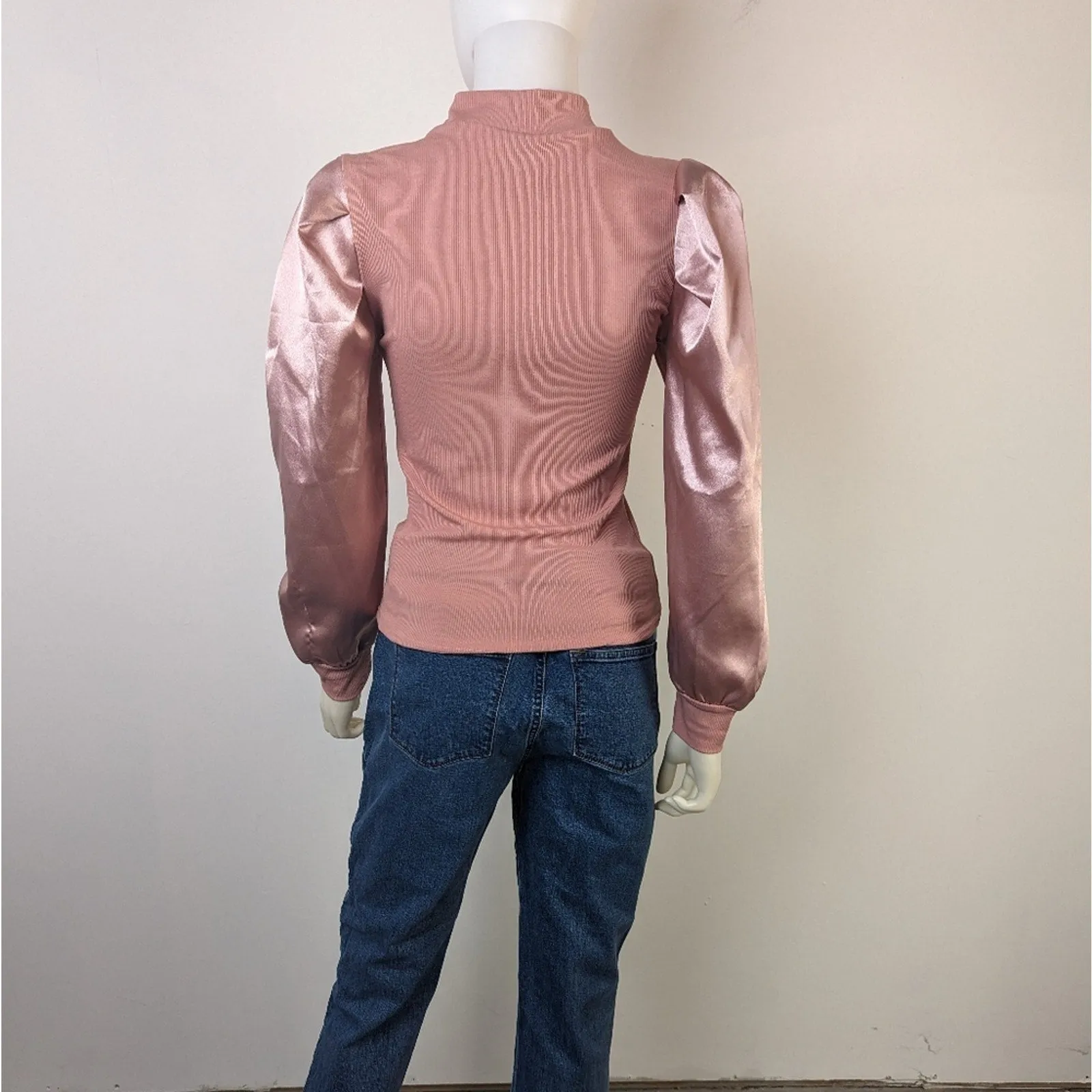 Mock Neck Satin Gigot Sleeve Rib Knit Top - S