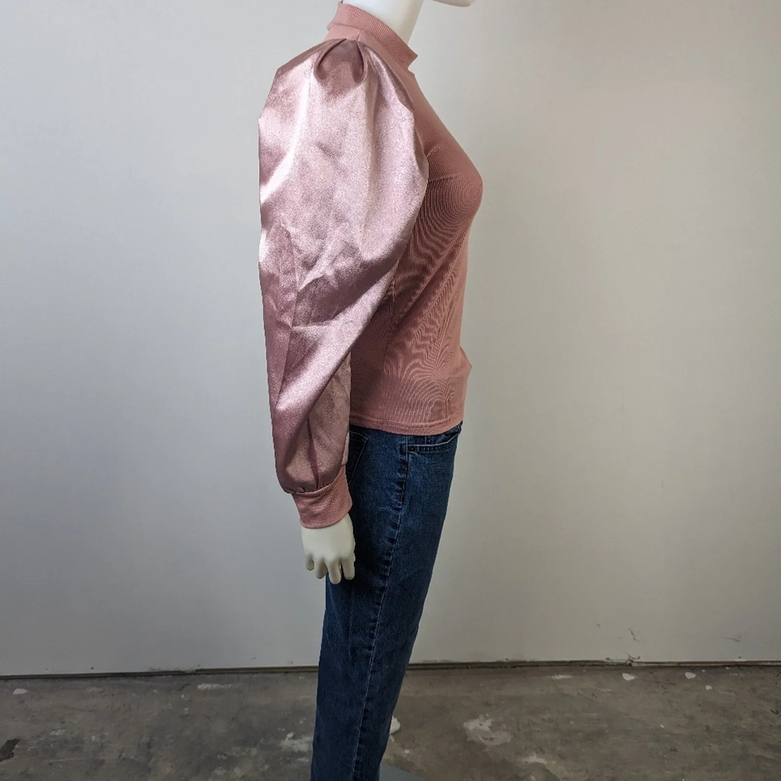 Mock Neck Satin Gigot Sleeve Rib Knit Top - S
