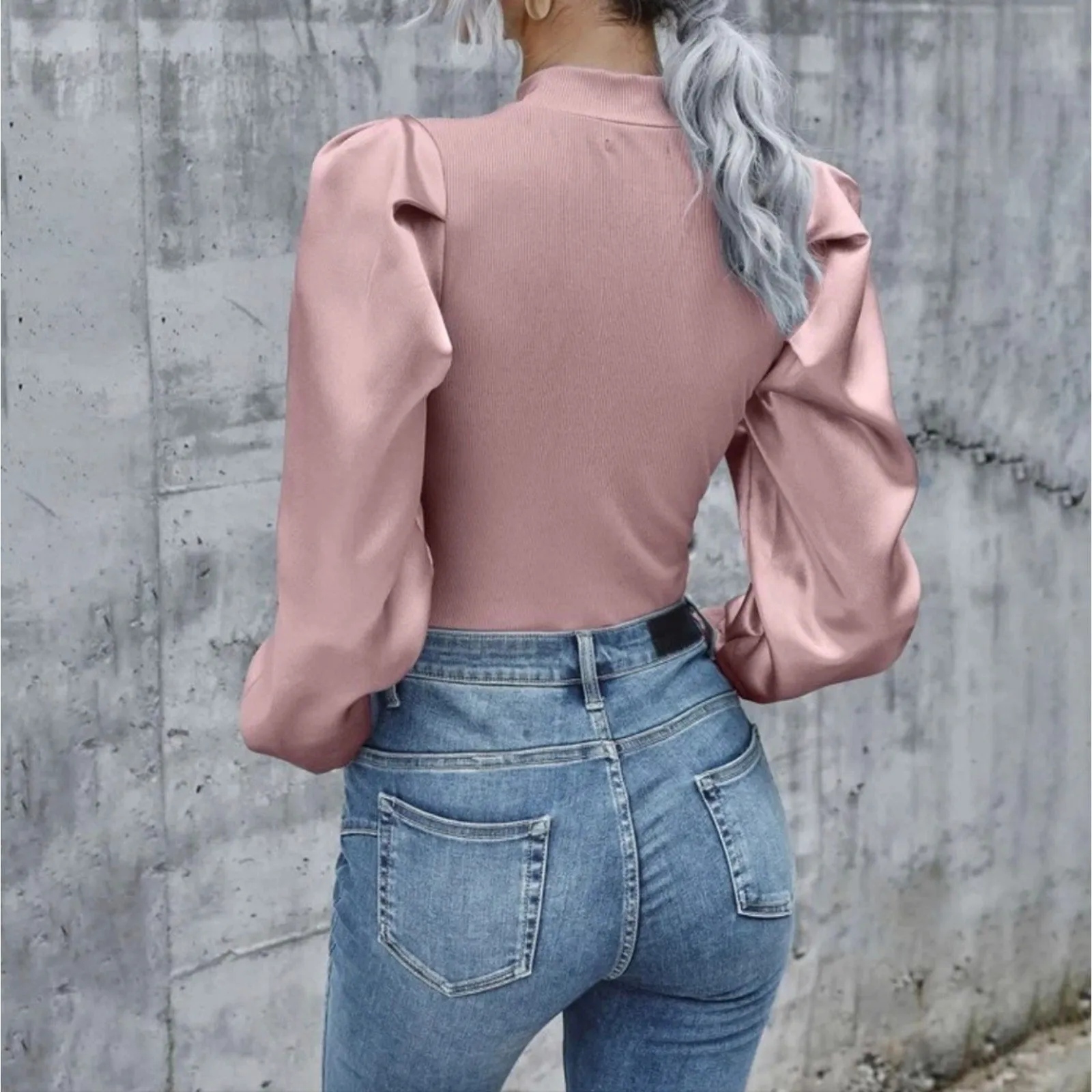 Mock Neck Satin Gigot Sleeve Rib Knit Top - S