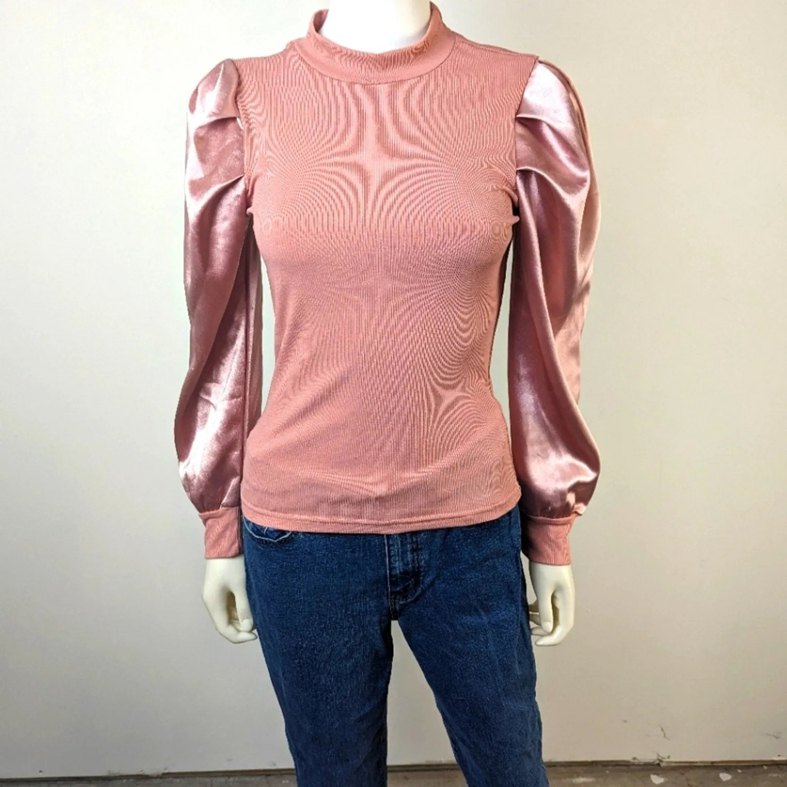 Mock Neck Satin Gigot Sleeve Rib Knit Top - S