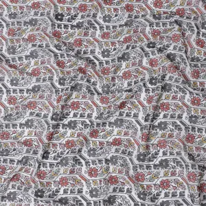 Monochrome Magic Cotton Voile Fabric - Traditional Indian Embroidery with Pops of Red, 110 cm Wide - Shop Online-D18125