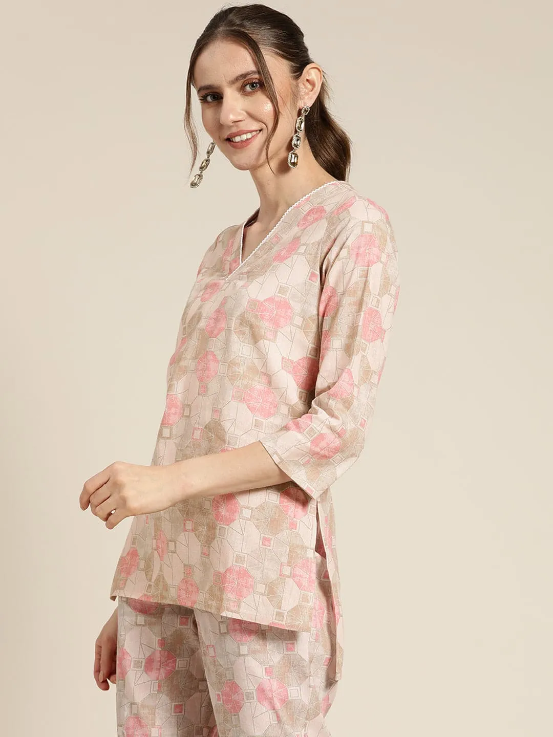 Women Pink Geometric Sustainable High Low Top